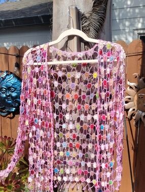 RARE Vintage Barbie Pink Open Knit Beaded Cardigan